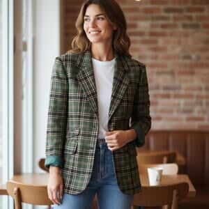 Jones New‎ York Women's riding 100% wool Plaid Blazer Purple, Green Brown Size L